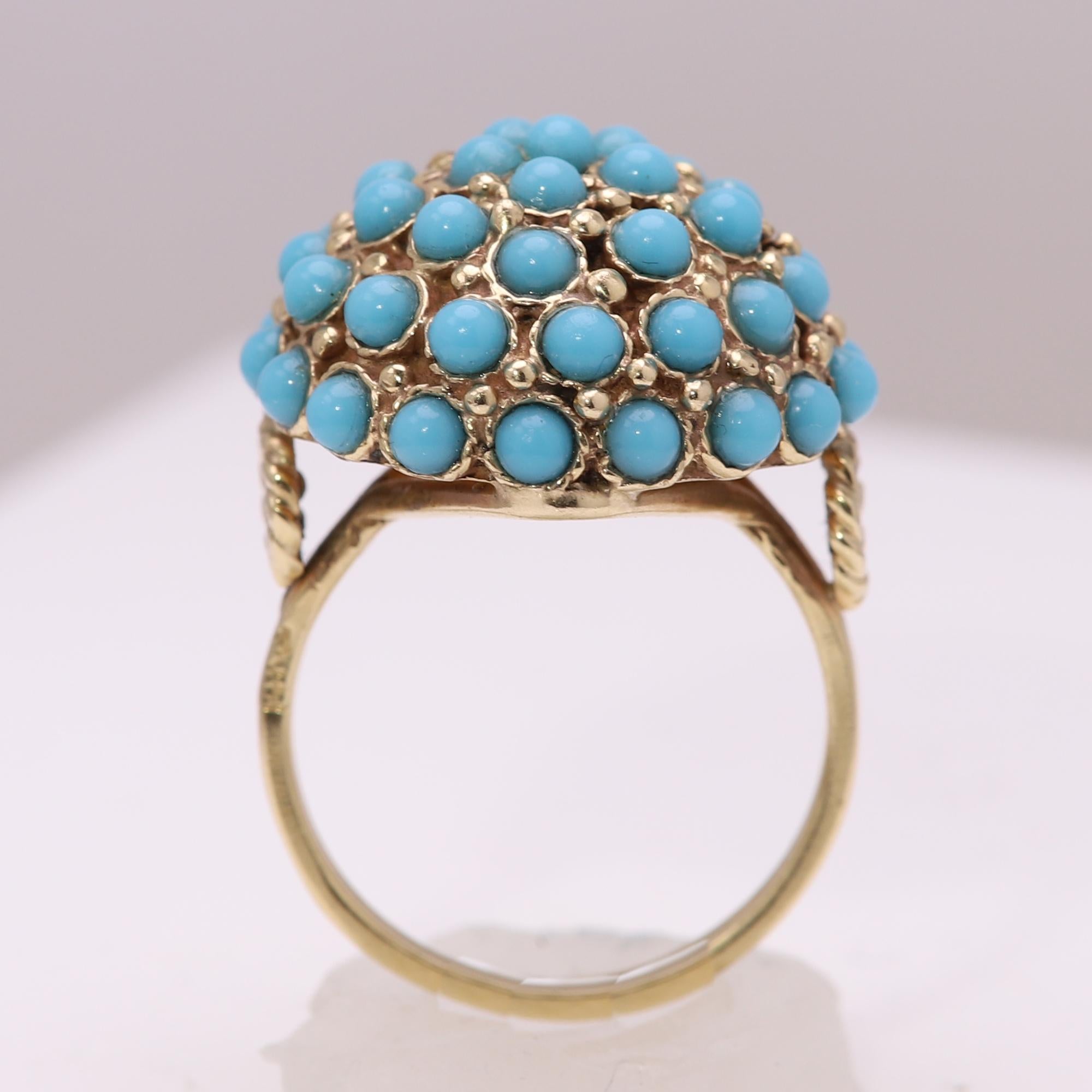 Antique Turquoise Ring 14 Karat Yellow Gold Cluster Design Persian Turquoise For Sale 2