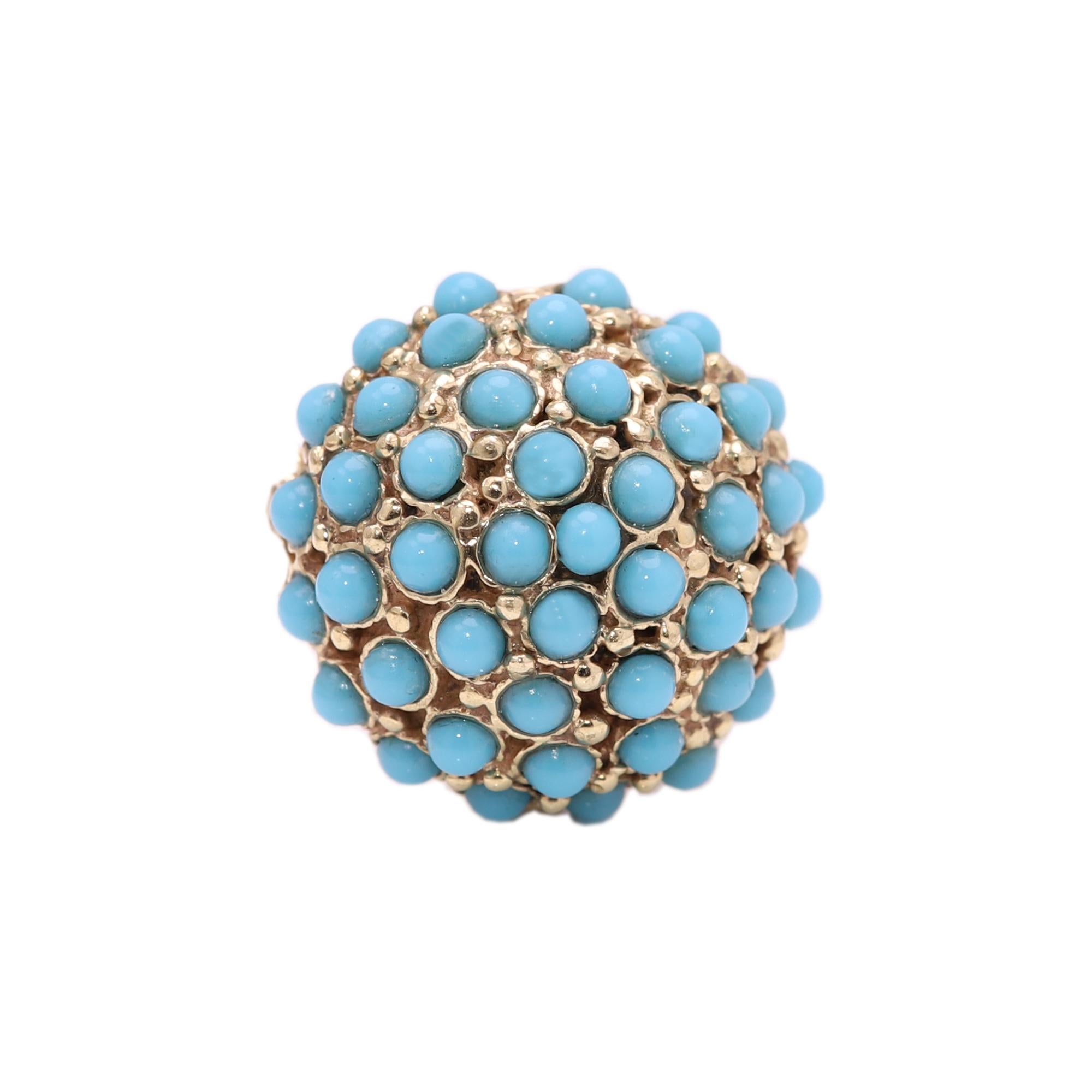 Antique Turquoise Ring 14 Karat Yellow Gold Cluster Design Persian Turquoise For Sale 3