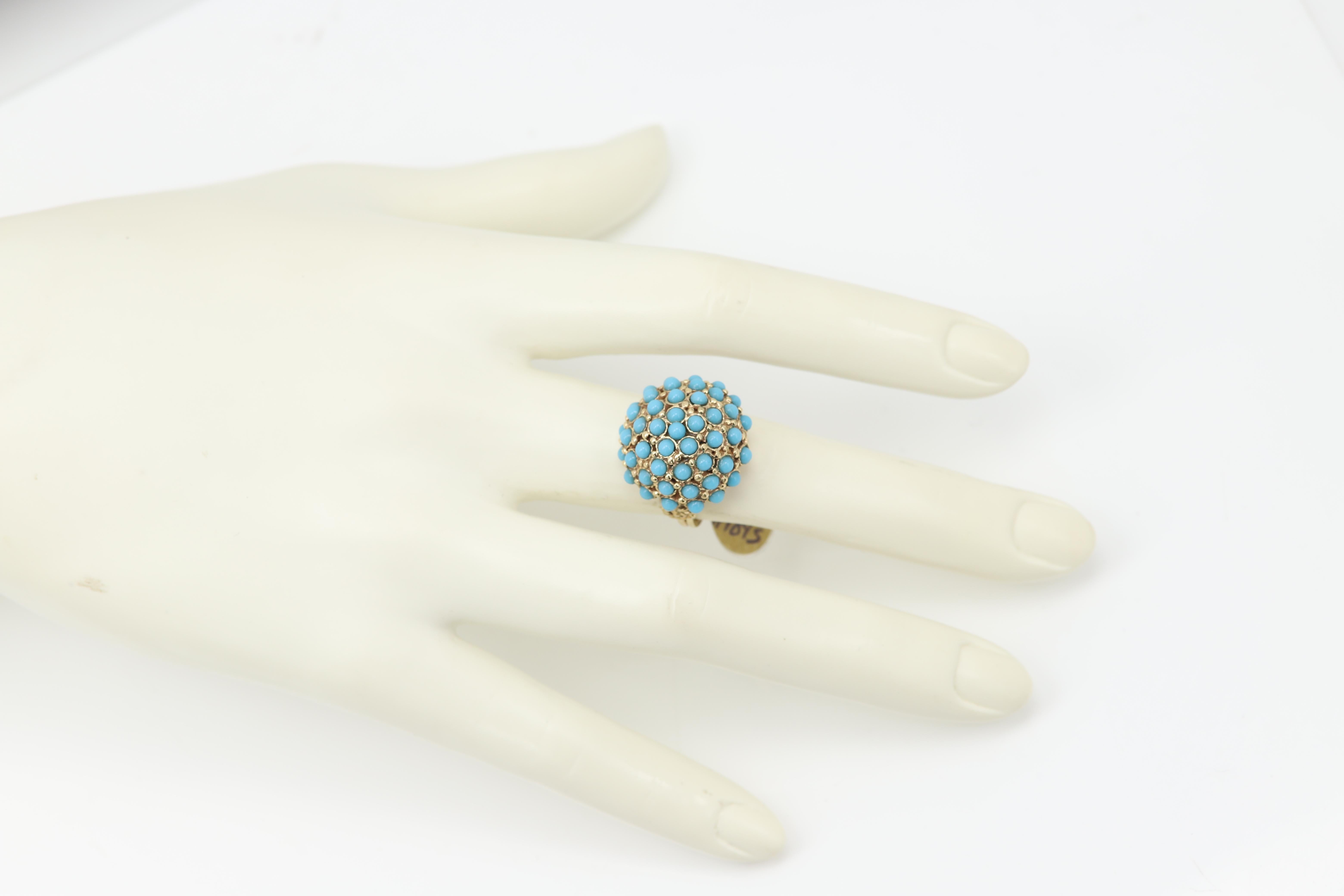 Antique Turquoise Ring 14 Karat Yellow Gold Cluster Design Persian Turquoise For Sale 1