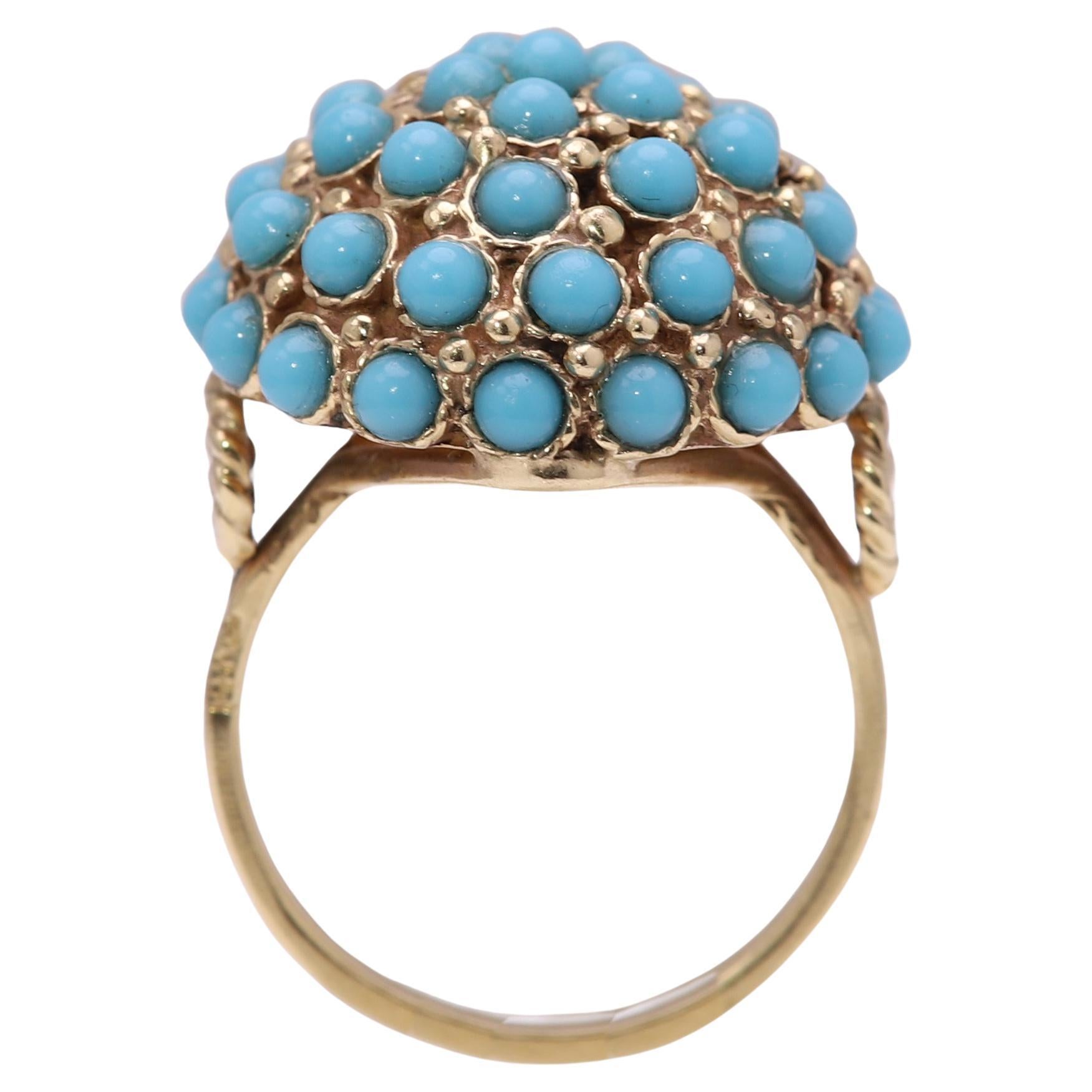 Antique Turquoise Ring 14 Karat Yellow Gold Cluster Design Persian Turquoise For Sale