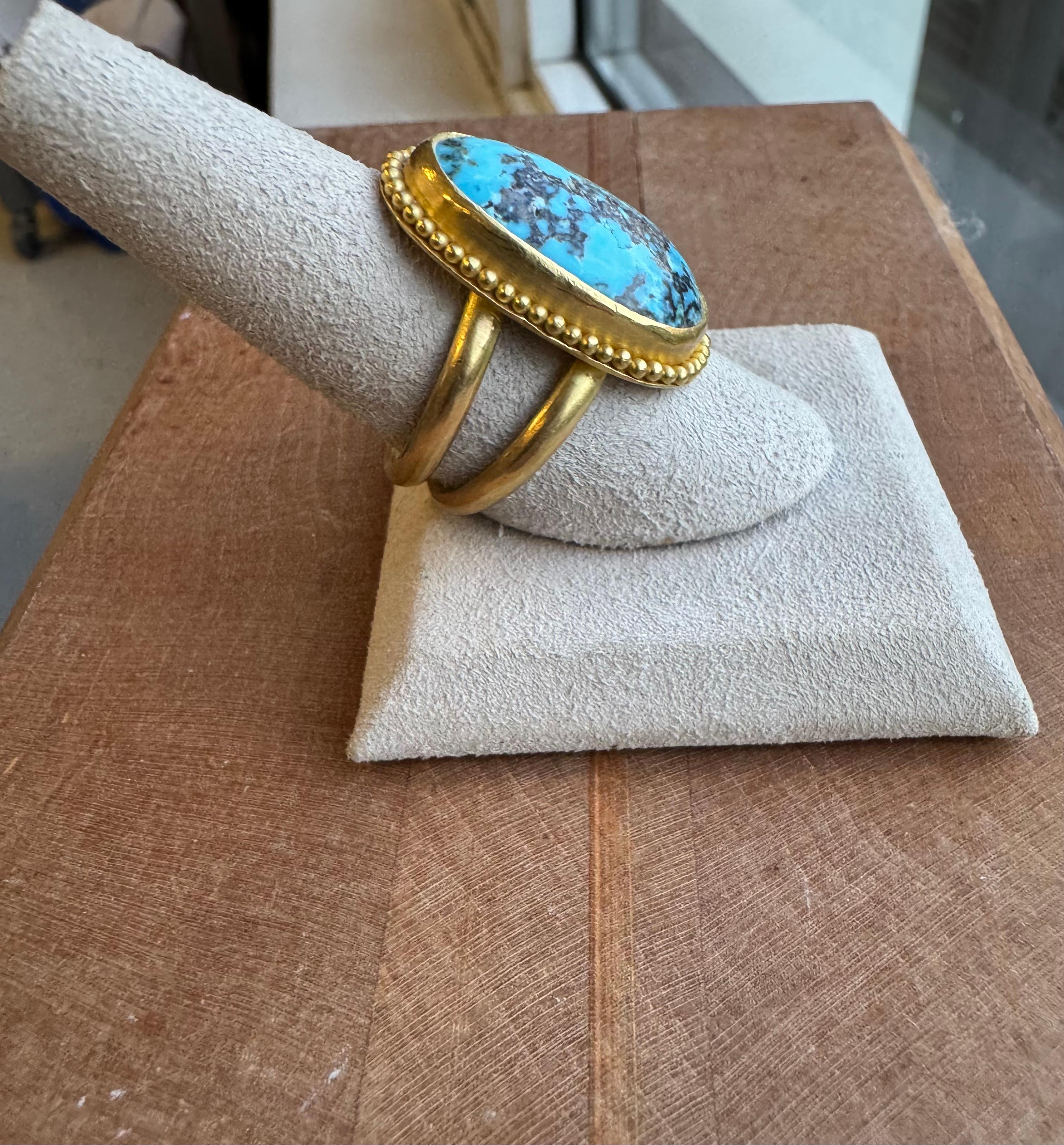 Bague ancienne en turquoise en or 22 carats avec granulation Unisexe en vente