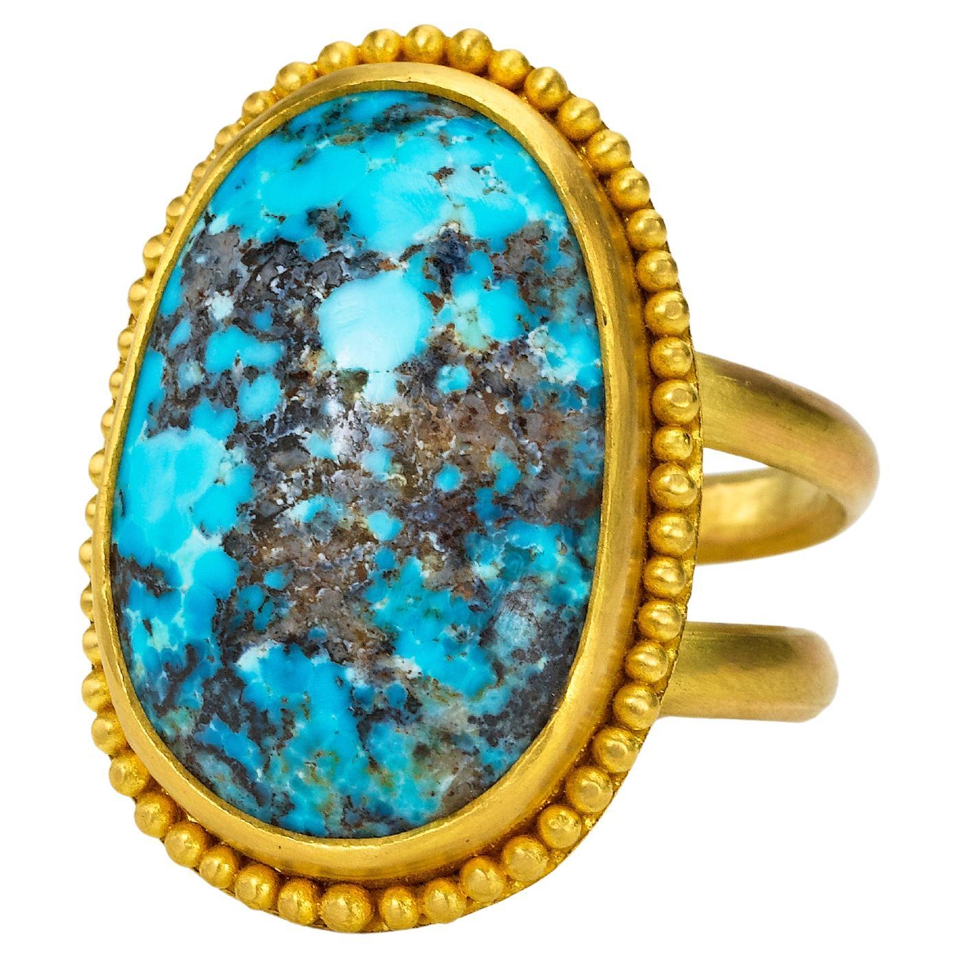 Bague ancienne en turquoise en or 22 carats avec granulation