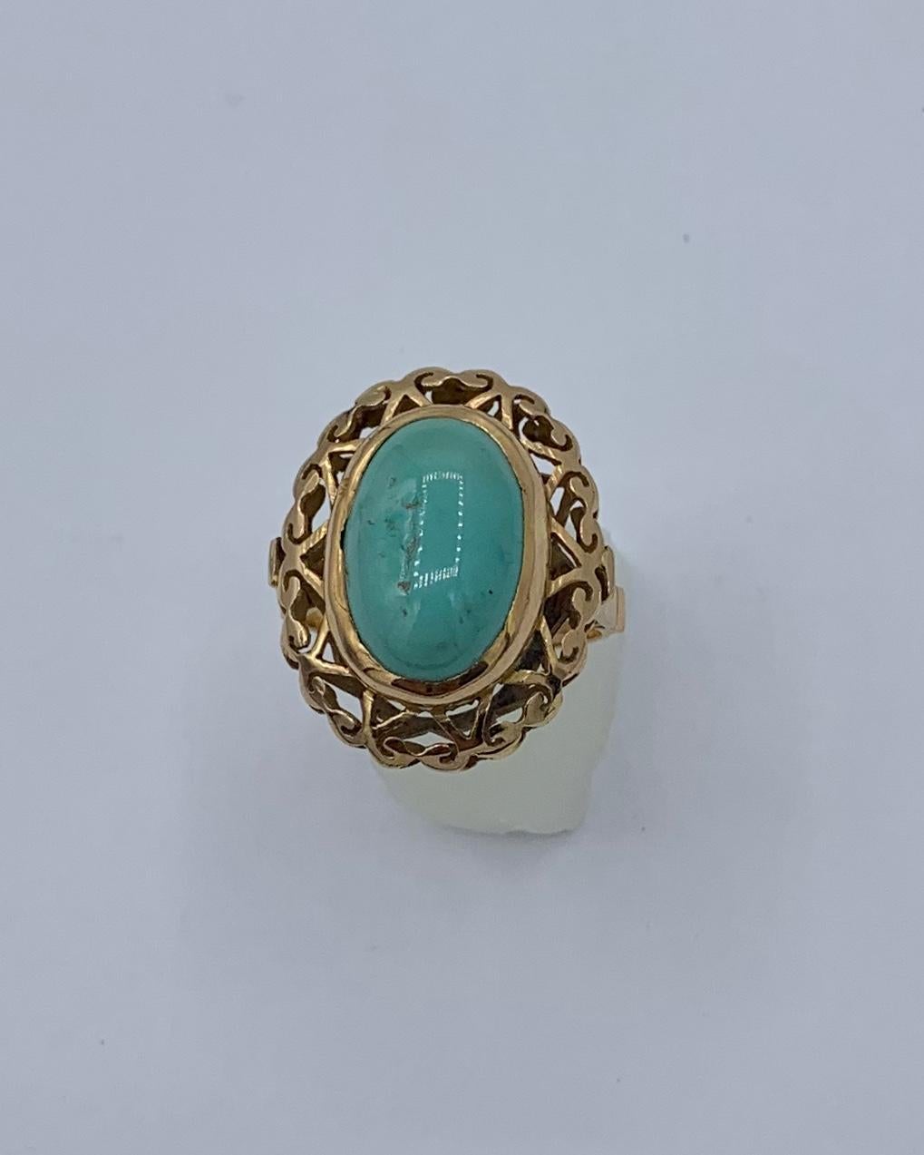 Cabochon Antique Turquoise Ring Retro Cocktail 18 Karat Yellow Gold For Sale