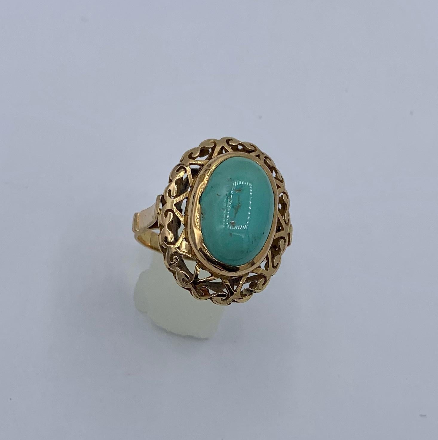 Women's Antique Turquoise Ring Retro Cocktail 18 Karat Yellow Gold For Sale