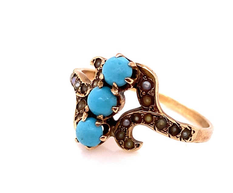 Round Cut Antique Turquoise Ring with Seed Pearls 14K Victorian 3 Stone Gemstone For Sale