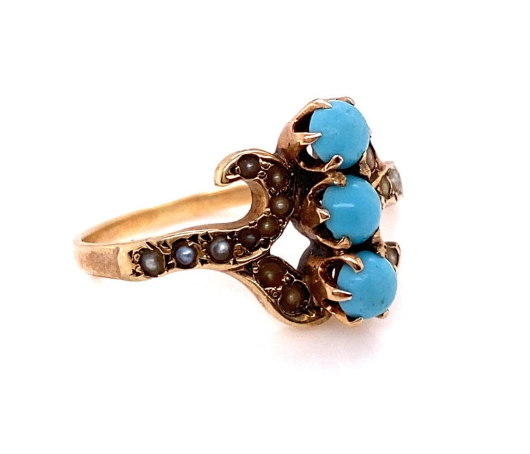 Antique Turquoise Ring with Seed Pearls 14K Victorian 3 Stone Gemstone In Good Condition For Sale In Dearborn, MI
