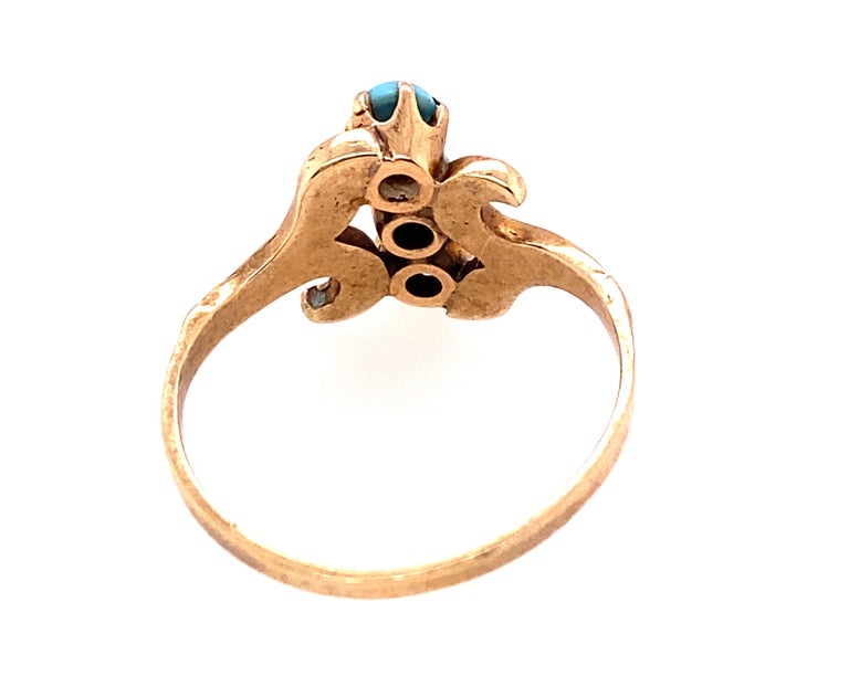 Women's Antique Turquoise Ring with Seed Pearls 14K Victorian 3 Stone Gemstone For Sale