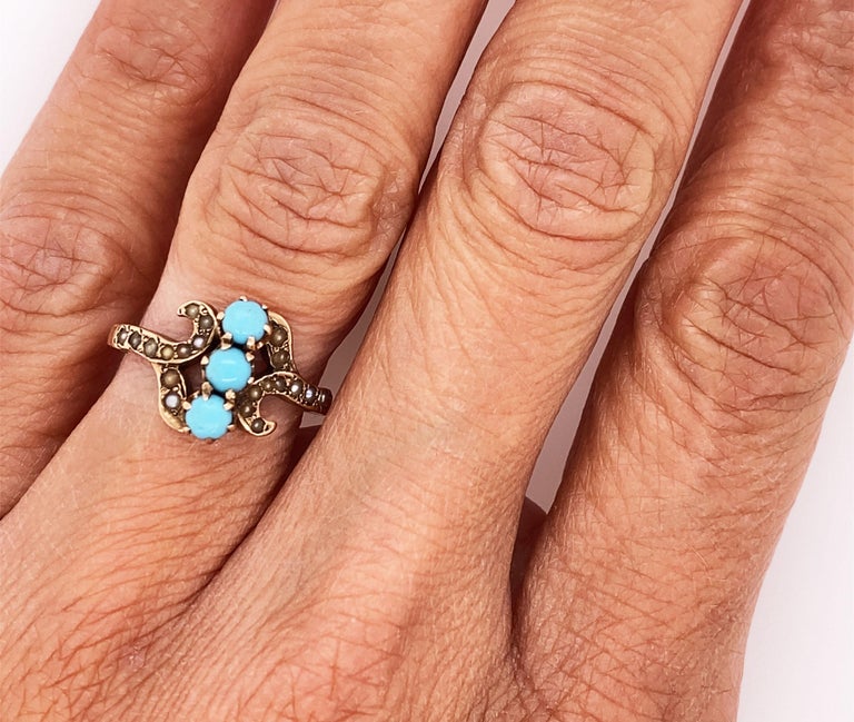 Antique Turquoise Ring with Seed Pearls 14K Victorian 3 Stone Gemstone For Sale 1
