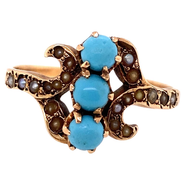 Antique Turquoise Ring with Seed Pearls 14K Victorian 3 Stone Gemstone For Sale