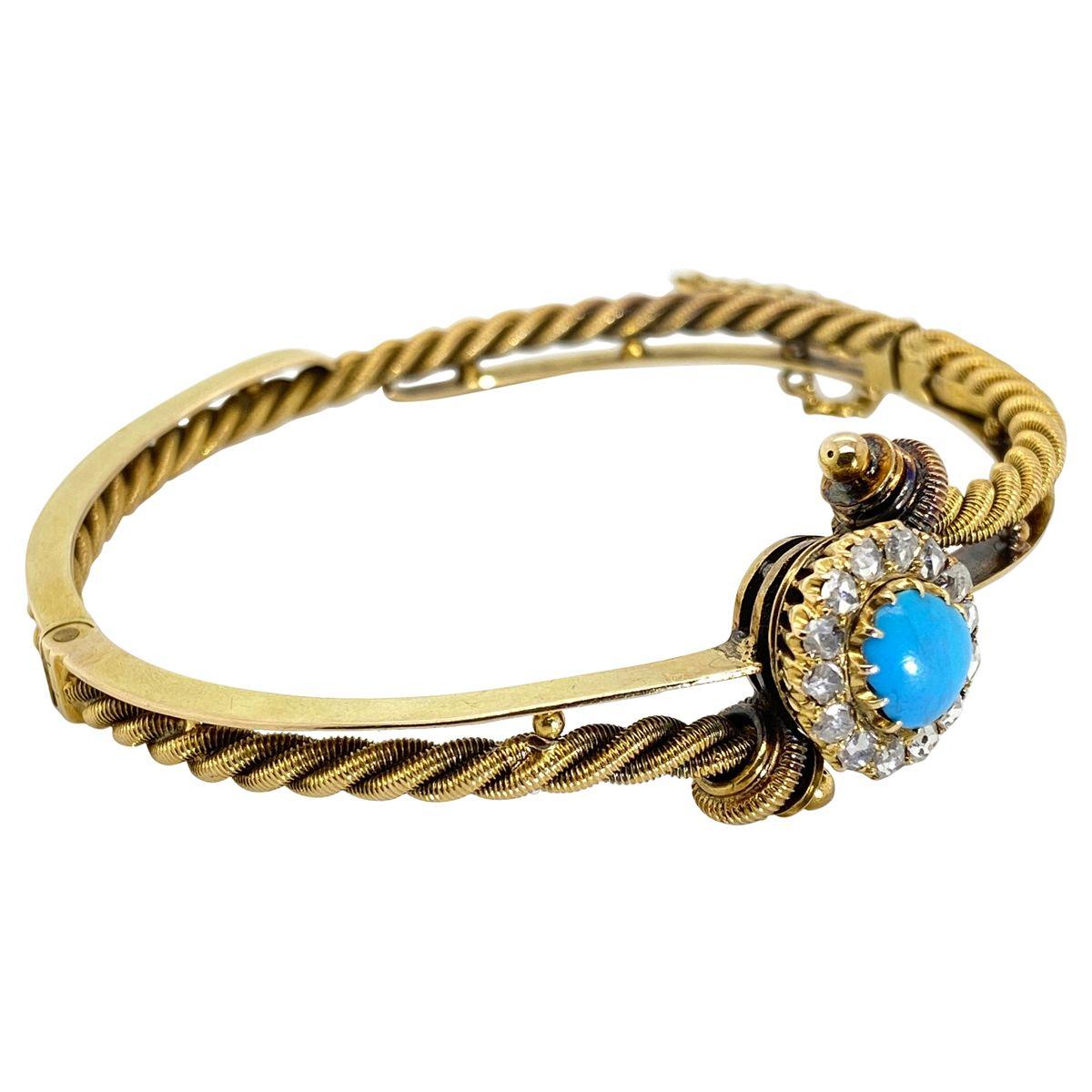 Turquoise Rose Cut Diamond and 14 Karat Yellow Gold Hinged Russian Bangle In Good Condition In QLD , AU