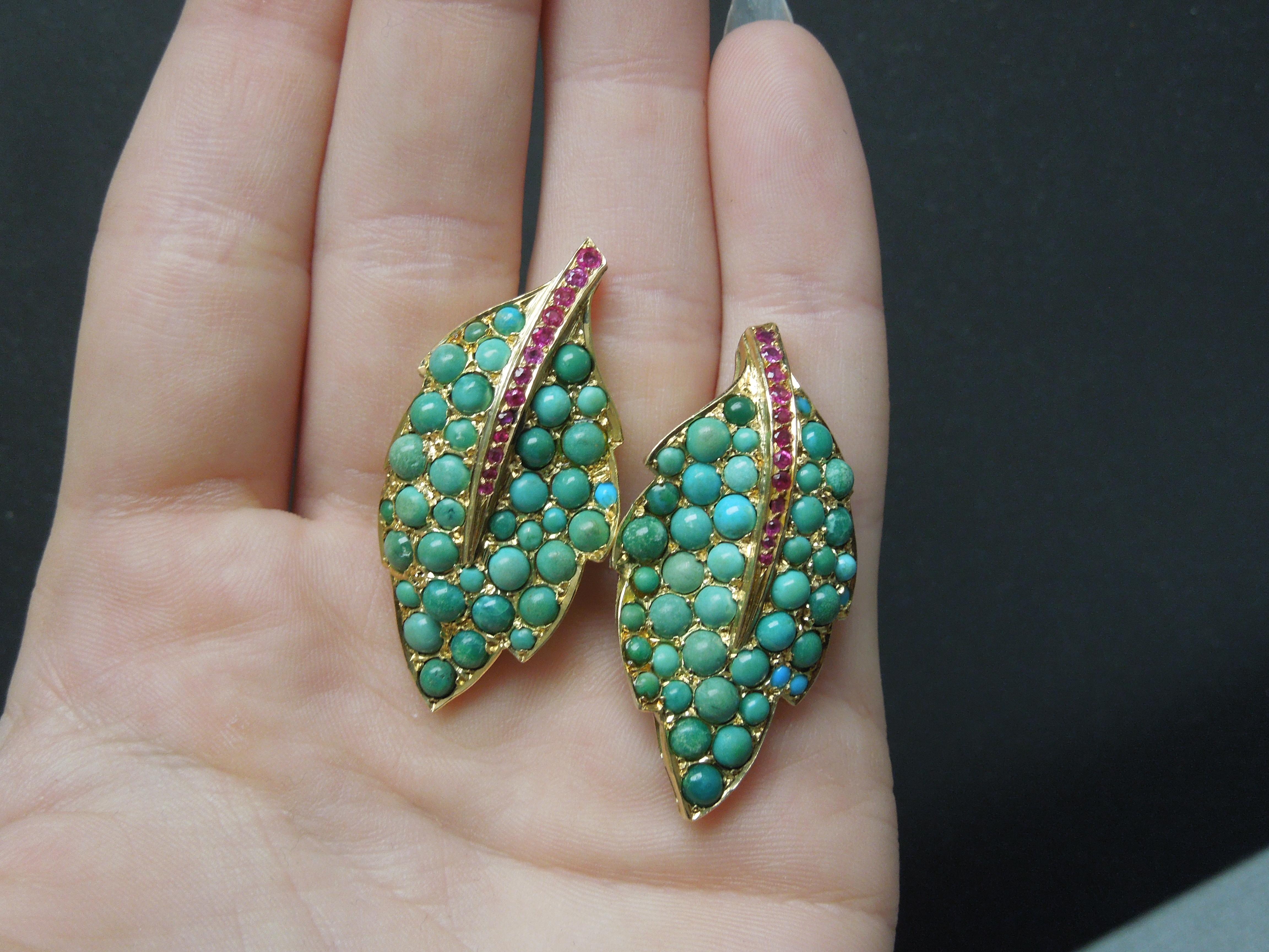 In an Ancient Roman design, attributed to the Roman wreath headdresses, these Antique Turquoise & Ruby Earrings are completely hand-tooled of 18 Karat Yellow Gold with both Hand Repousse & Bright-Cut tooling as well as beading. Featuring numerous