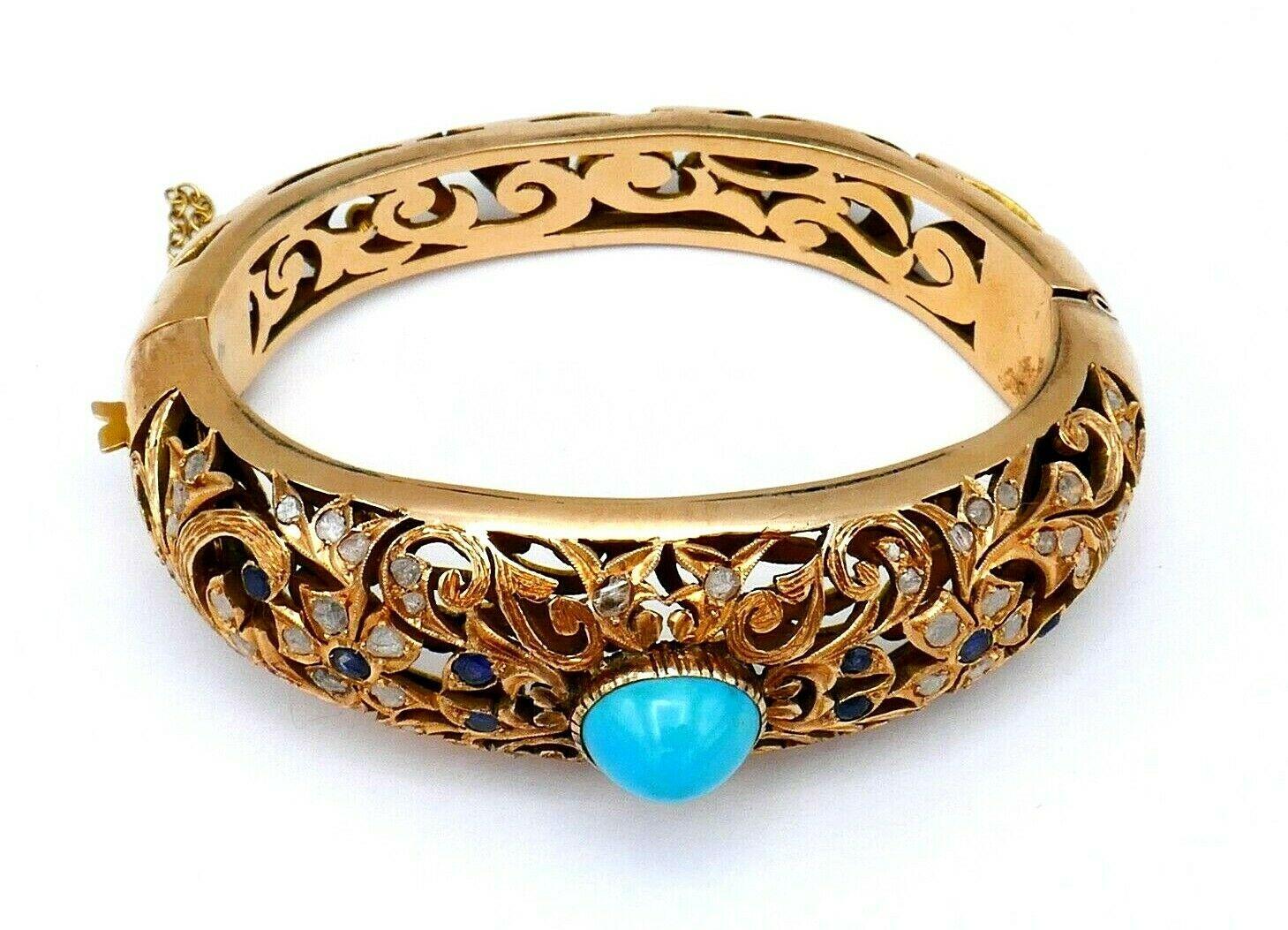Antique Turquoise Sapphire Diamond Rose Gold Bangle Bracelet 2