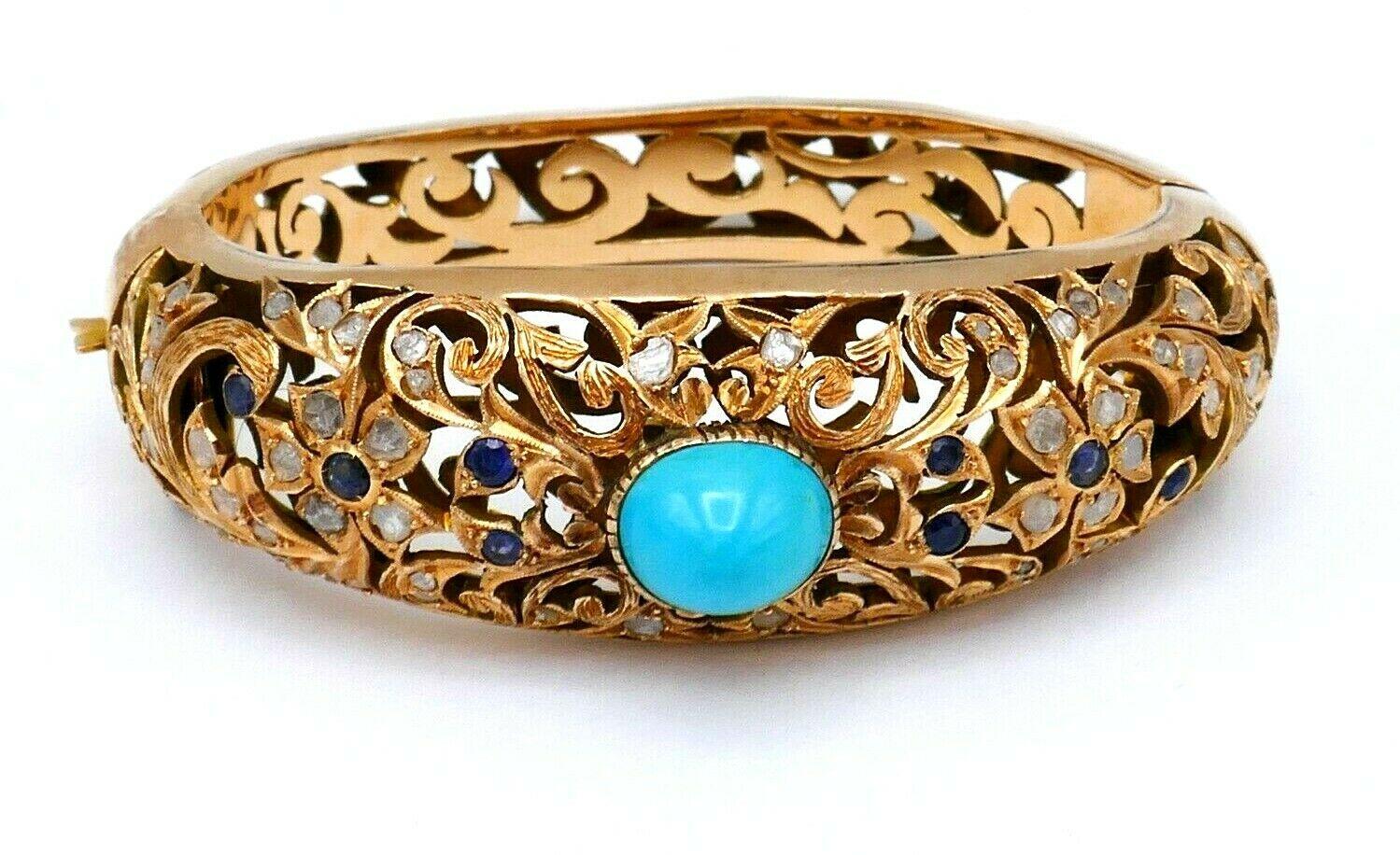 A gorgeous Antique 10k (tested) rose gold filigree bangle bracelet. Features turquoise, rose cut diamond and sapphire. 
Measurements: inner circumference - 6