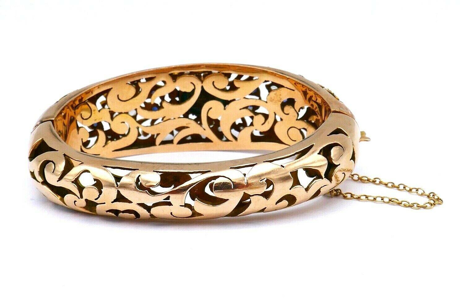Victorian Antique Turquoise Sapphire Diamond Rose Gold Bangle Bracelet