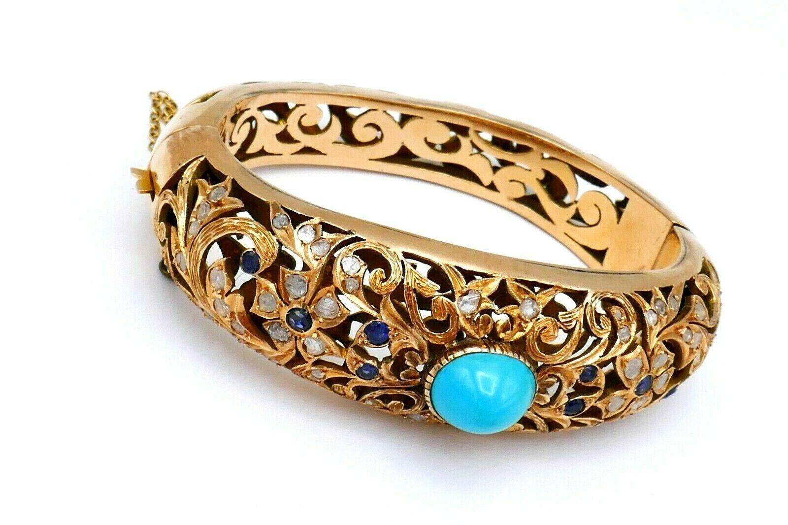 Antique Turquoise Sapphire Diamond Rose Gold Bangle Bracelet In Excellent Condition In Beverly Hills, CA