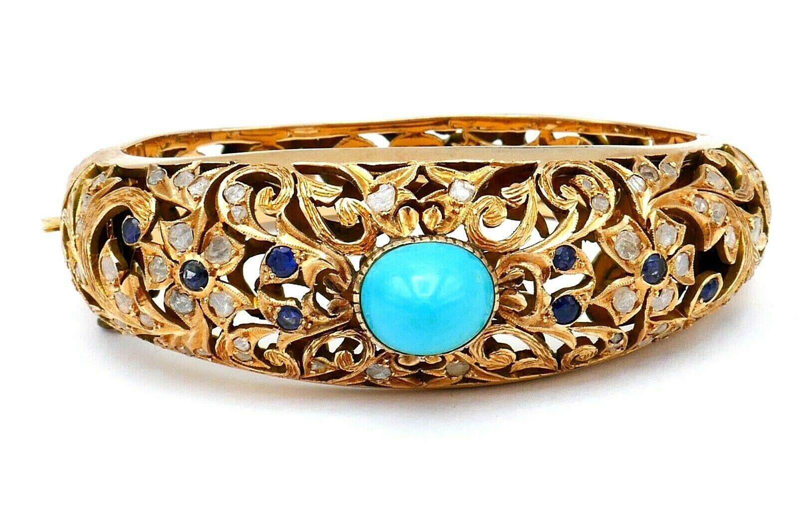 Women's Antique Turquoise Sapphire Diamond Rose Gold Bangle Bracelet