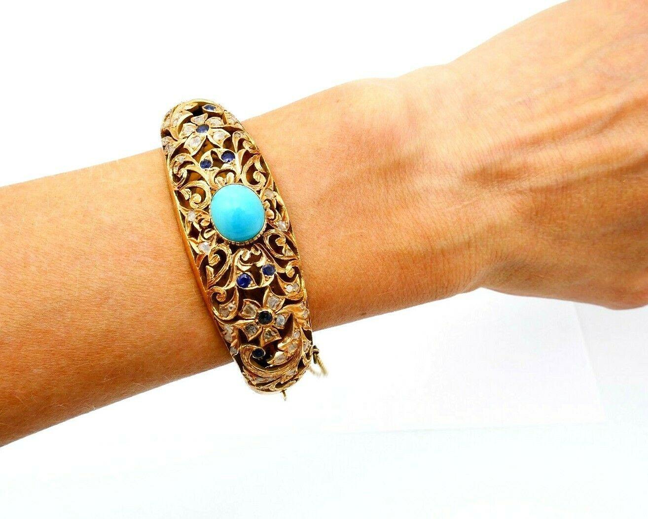 Antique Turquoise Sapphire Diamond Rose Gold Bangle Bracelet 1