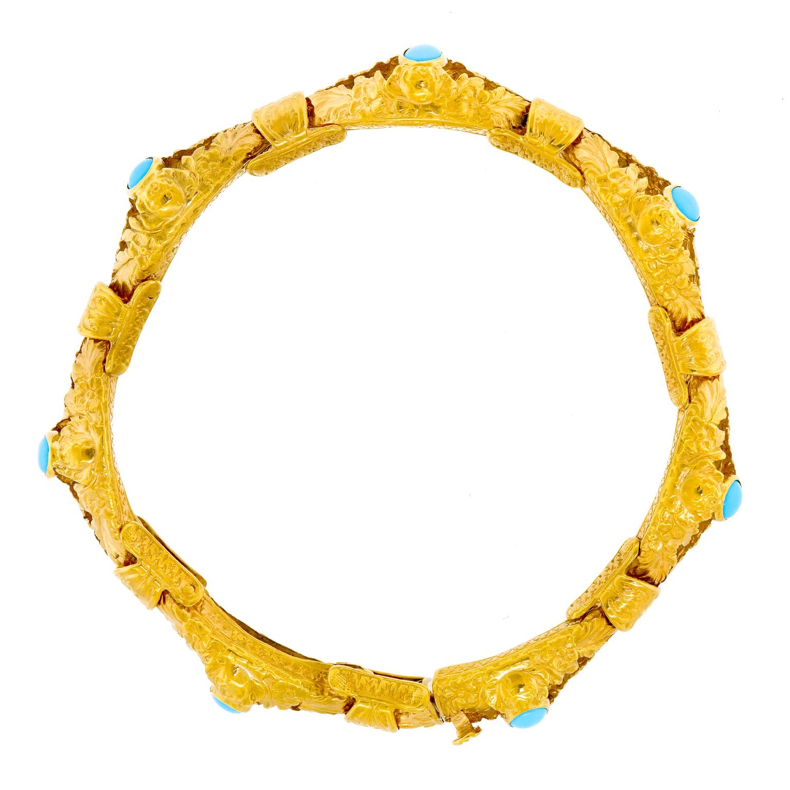 Antique Turquoise-Set Gold Bracelet For Sale 4