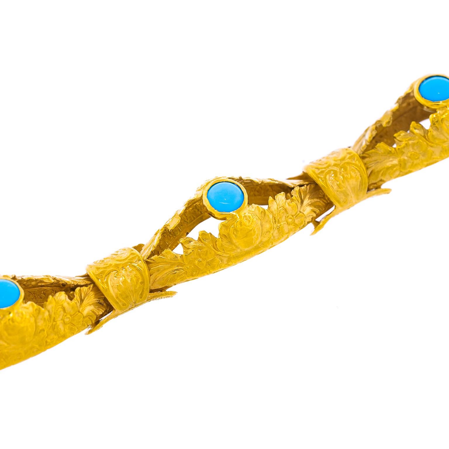 Antique Turquoise-Set Gold Bracelet For Sale 2