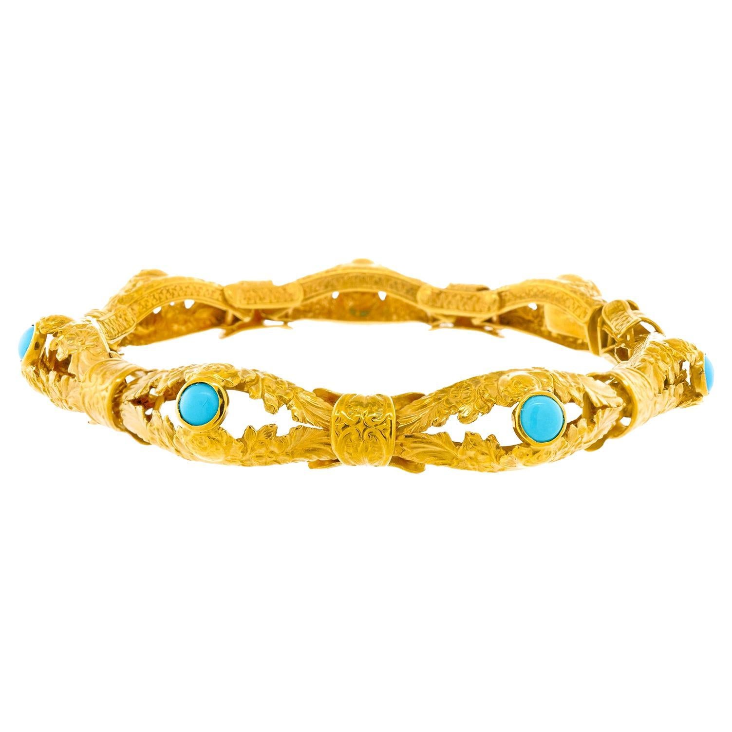 Antique Turquoise-Set Gold Bracelet For Sale