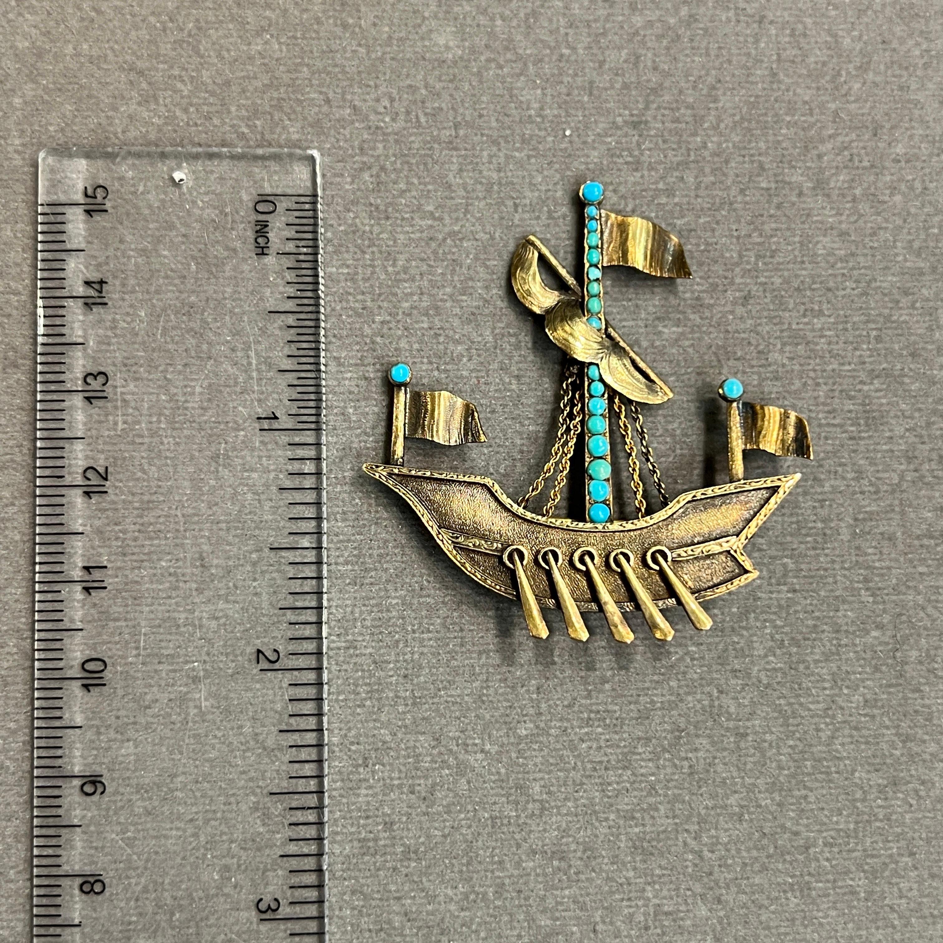 Round Cut Antique Turquoise Ship Brooch For Sale