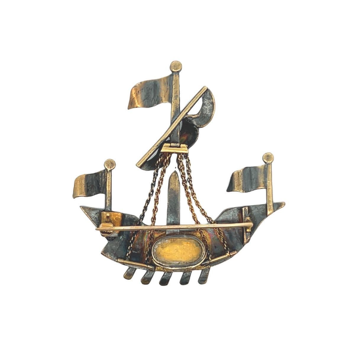 Antique Turquoise Ship Brooch In Excellent Condition For Sale In New York, NY