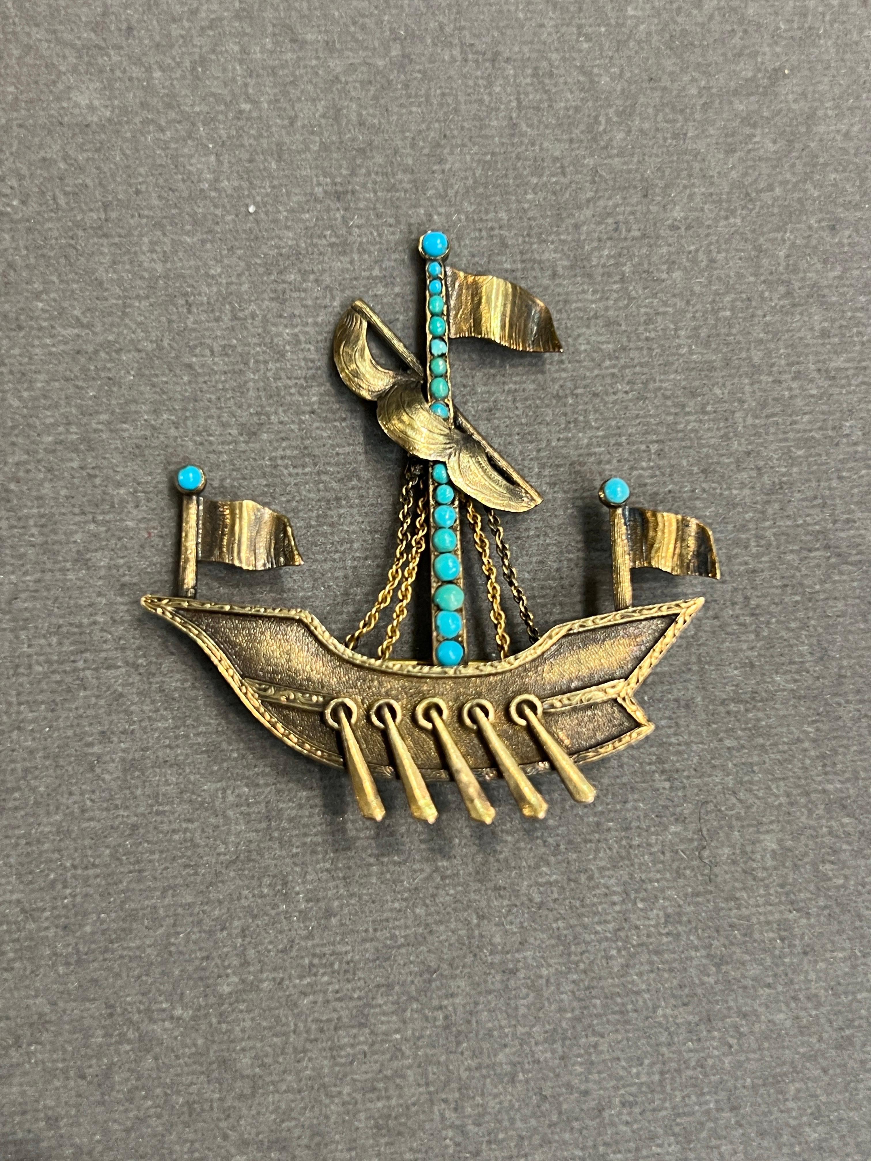Women's or Men's Antique Turquoise Ship Brooch For Sale