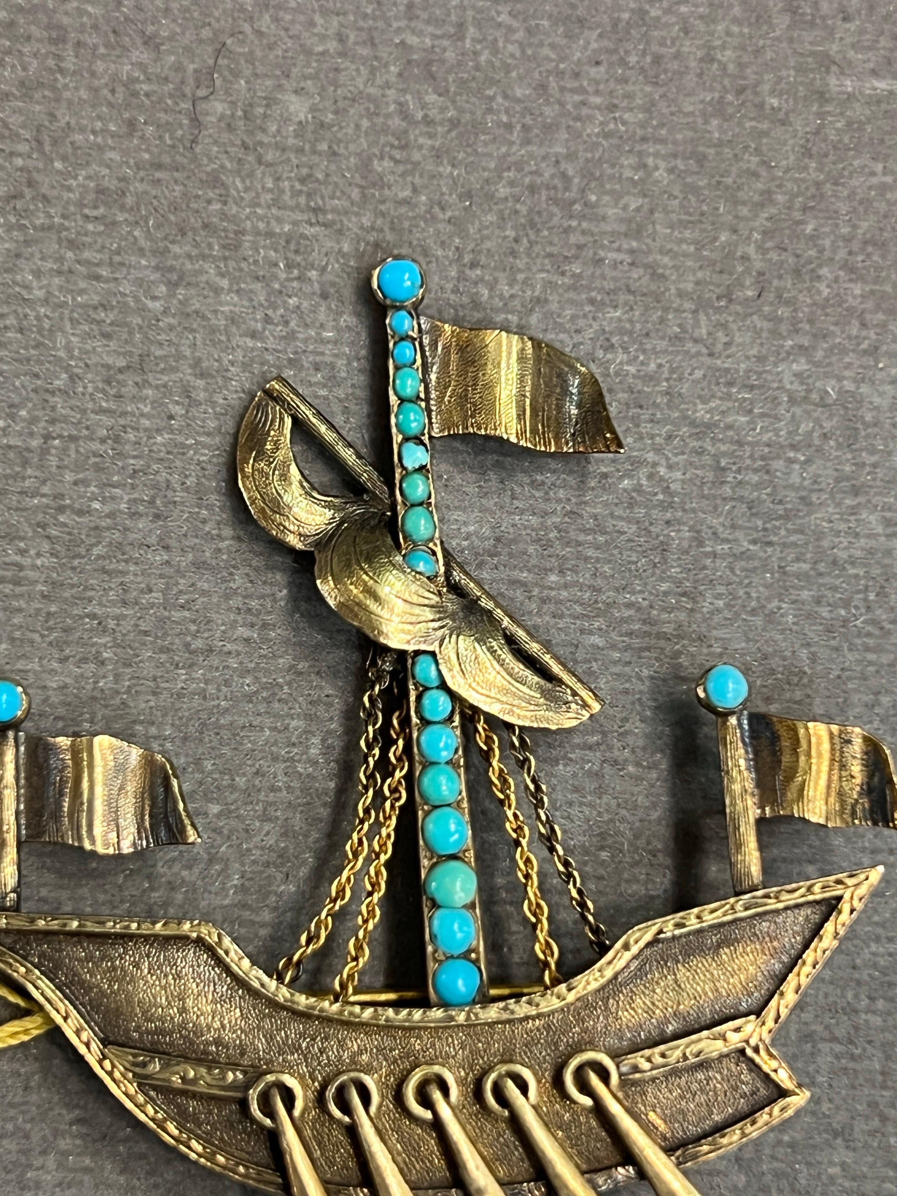 Antique Turquoise Ship Brooch For Sale 2