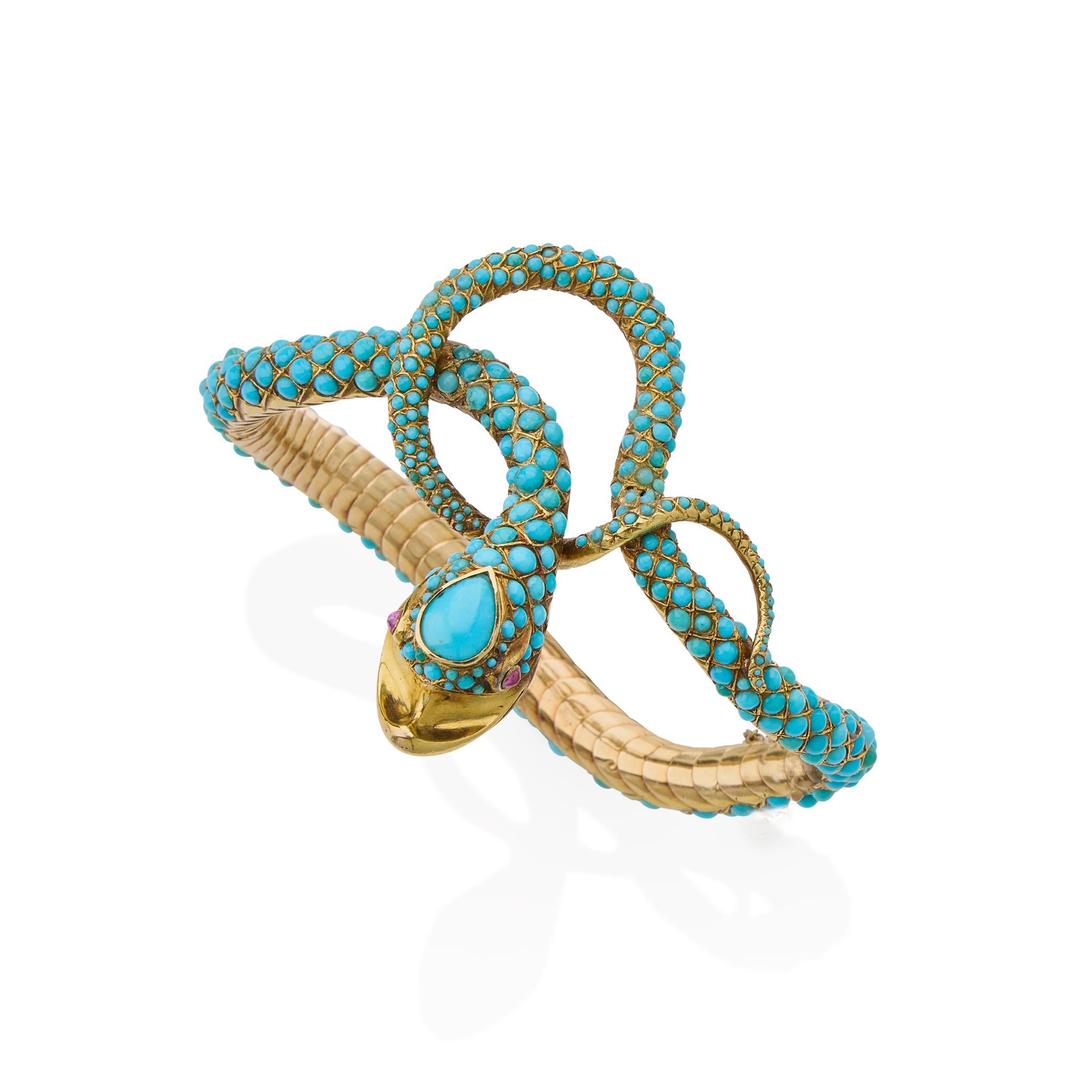 Cabochon Antique Turquoise Snake Bangle Bracelet For Sale