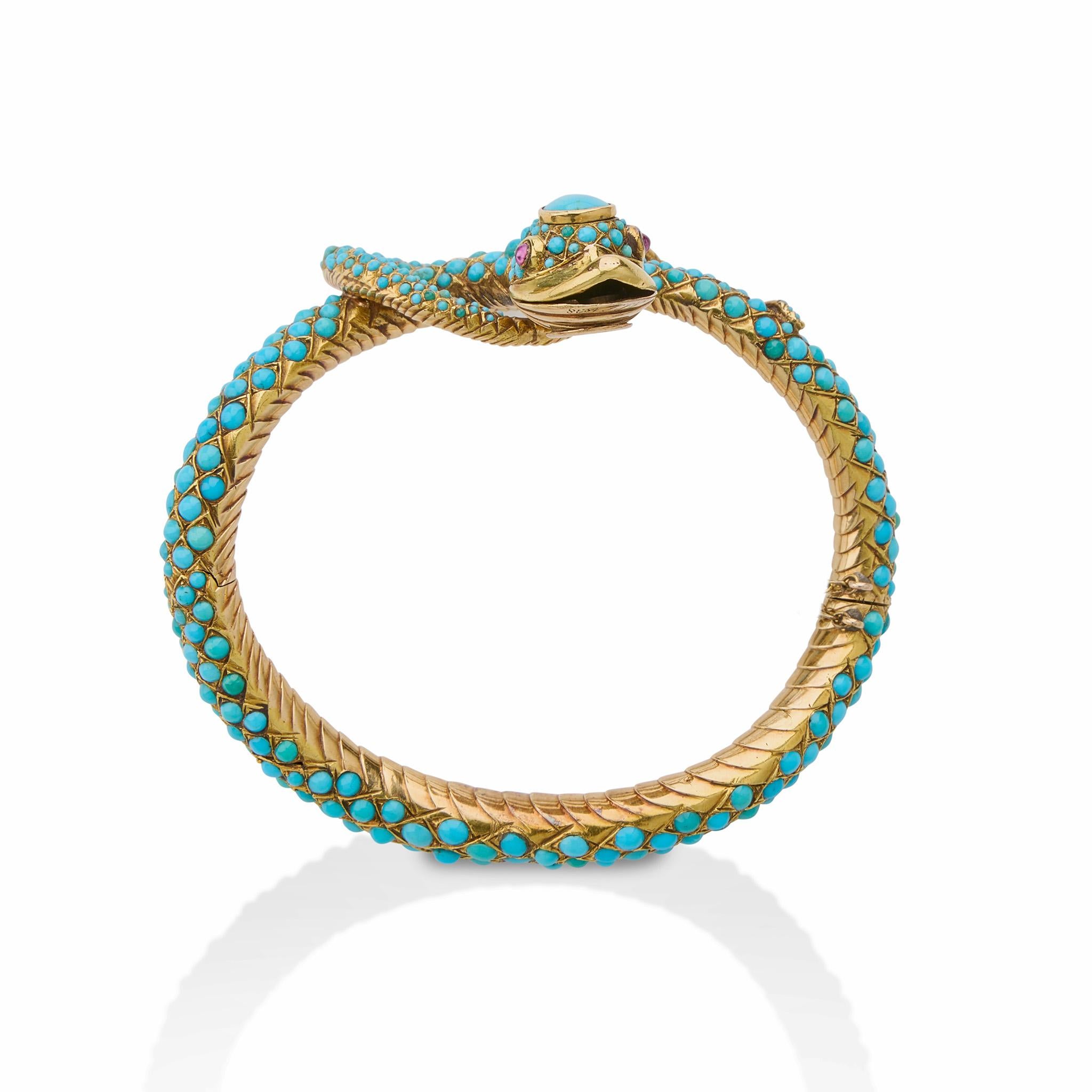 Antique Turquoise Snake Bangle Bracelet In Excellent Condition For Sale In New York, NY