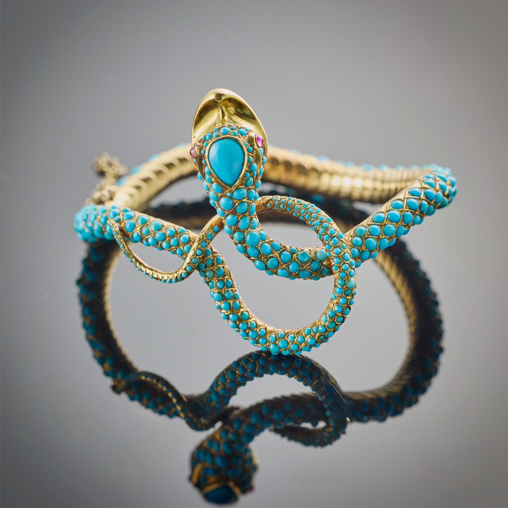 Women's or Men's Antique Turquoise Snake Bangle Bracelet For Sale