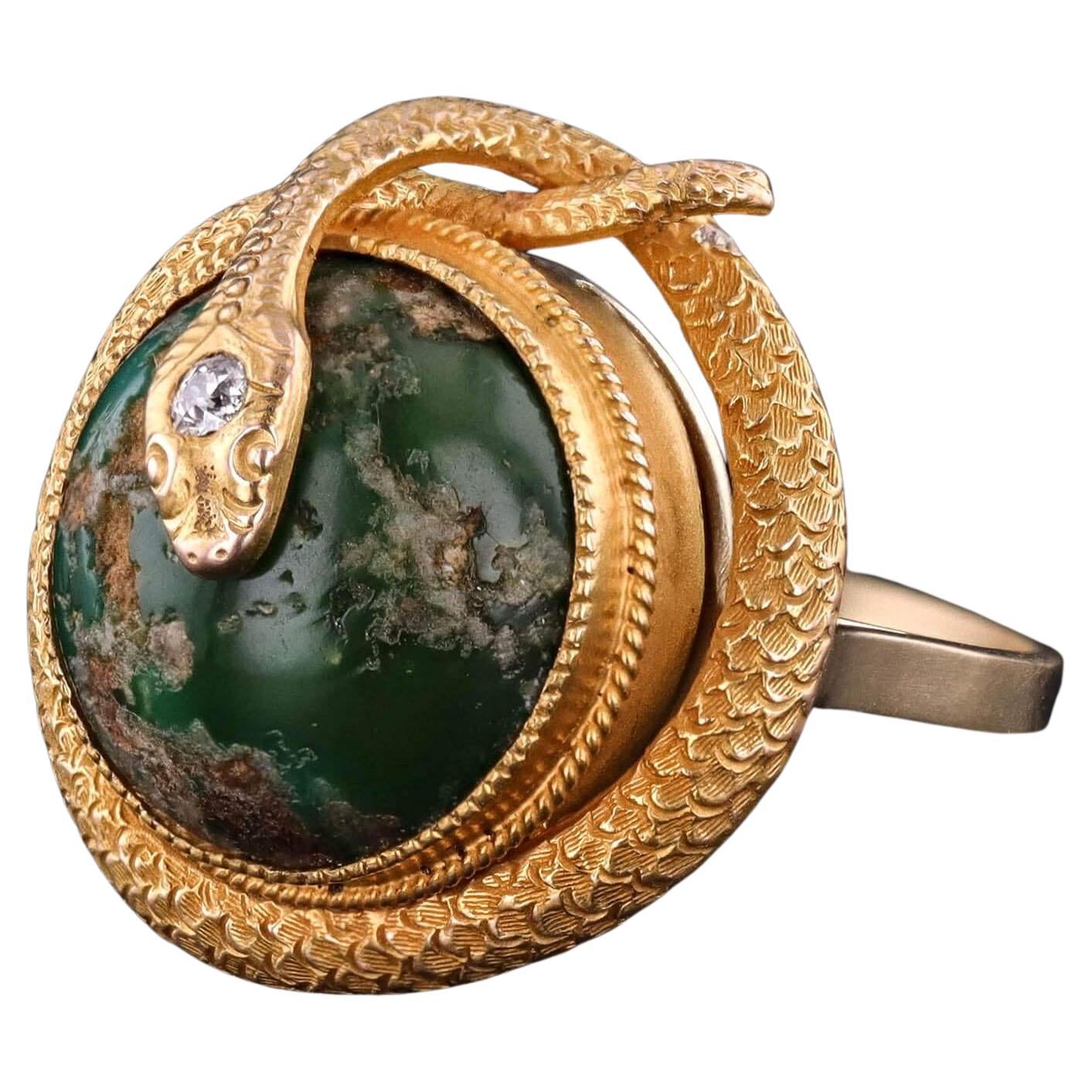 Antique Turquoise Snake Ring of 14k Gold