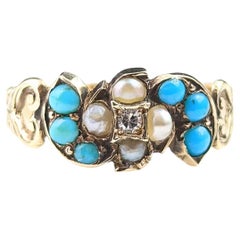 Antique Turquoise, Split Pearl and Diamond Ring, 9k Yellow Gold, Victorian