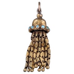 Antique Turquoise Tassel Charm of 14k Gold