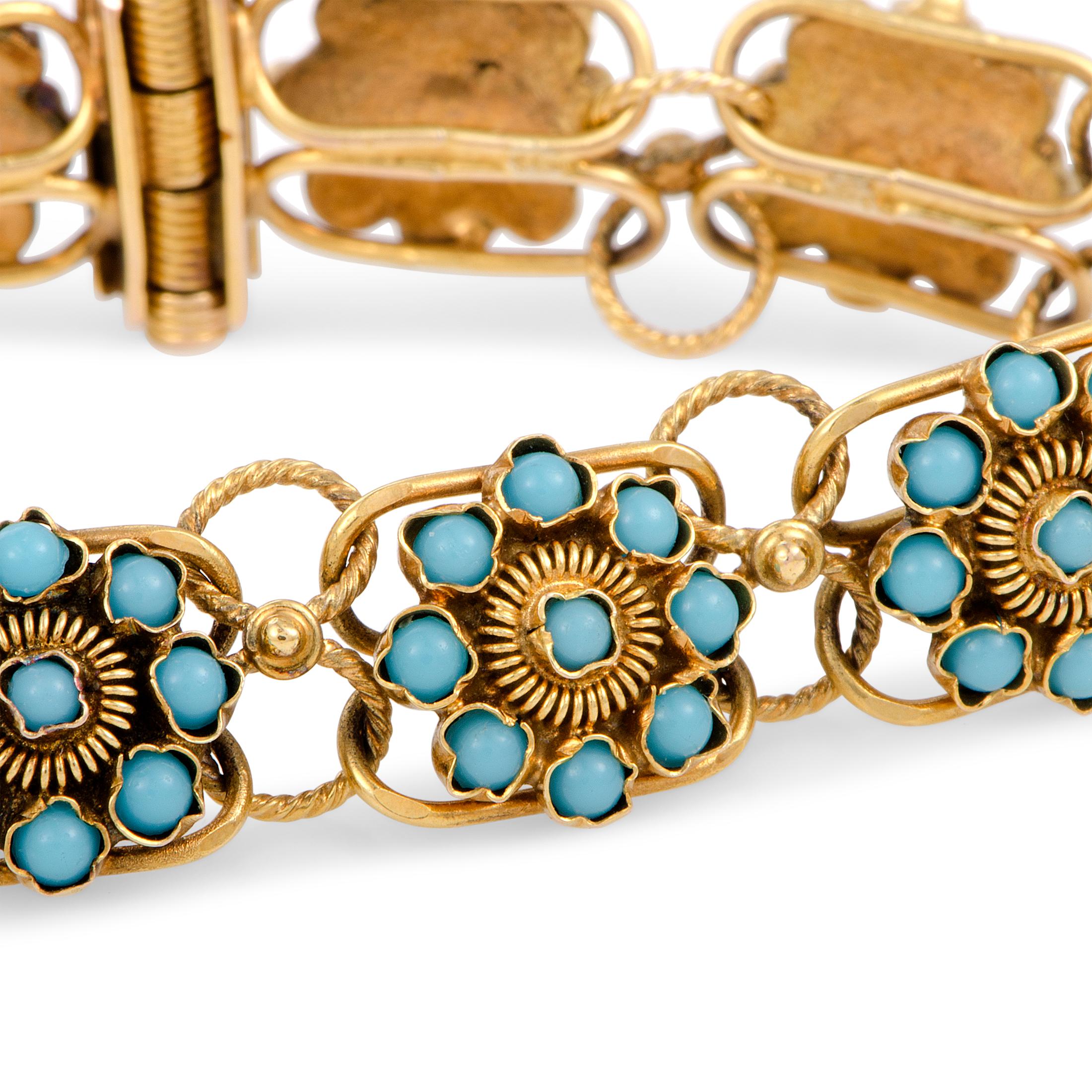 Women's Antique Turquoise Yellow Gold Flower Bracelet