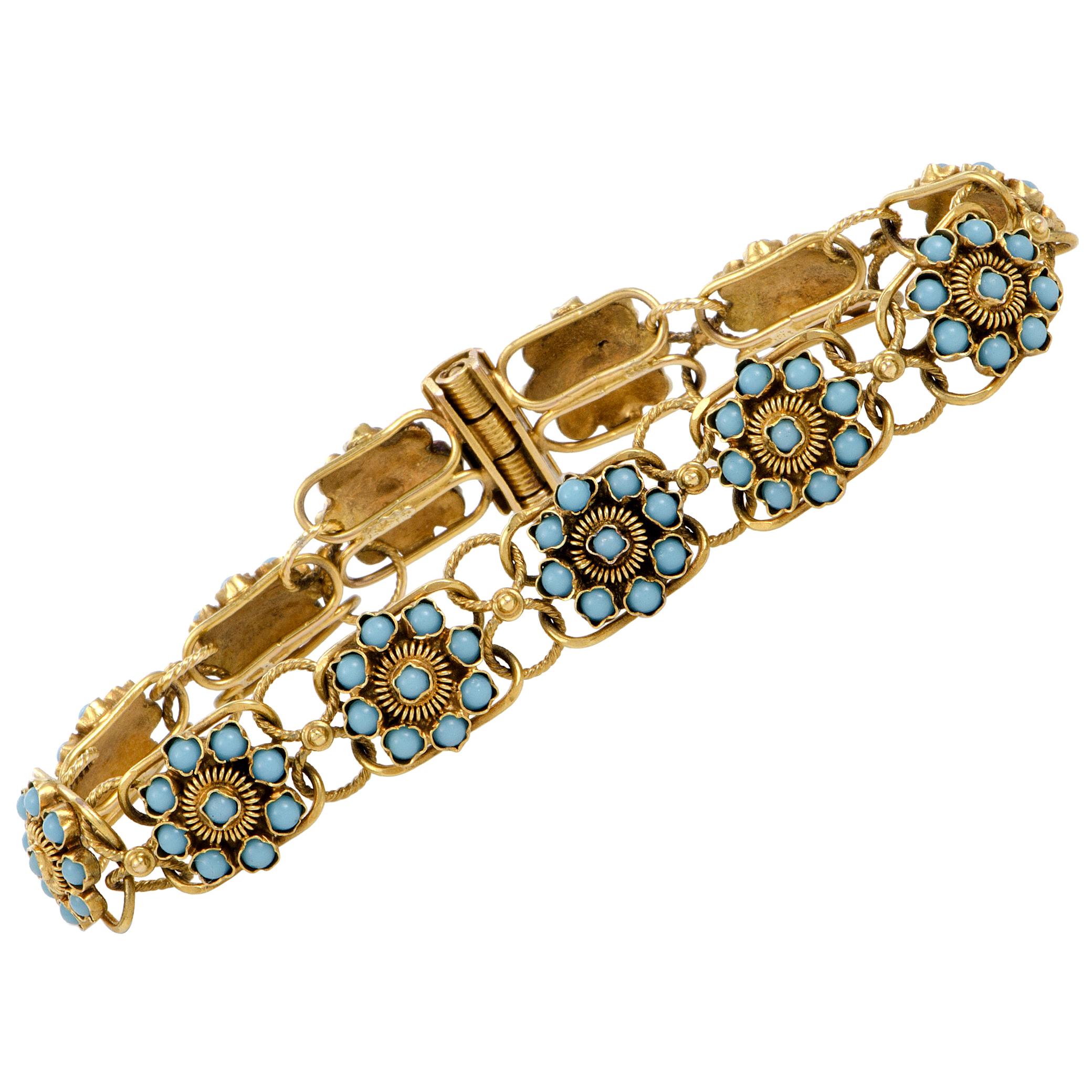 Antique Turquoise Yellow Gold Flower Bracelet