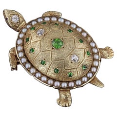 Antique Turtle Brooch of Demantoid Garnets and 14k Gold