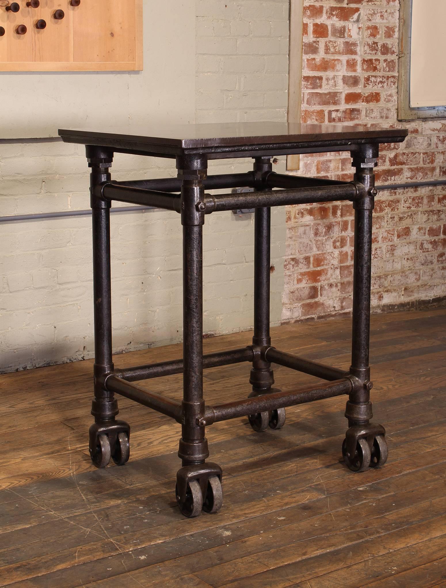 Industrial Antique Turtle Print Table, Rolling Bar Cart