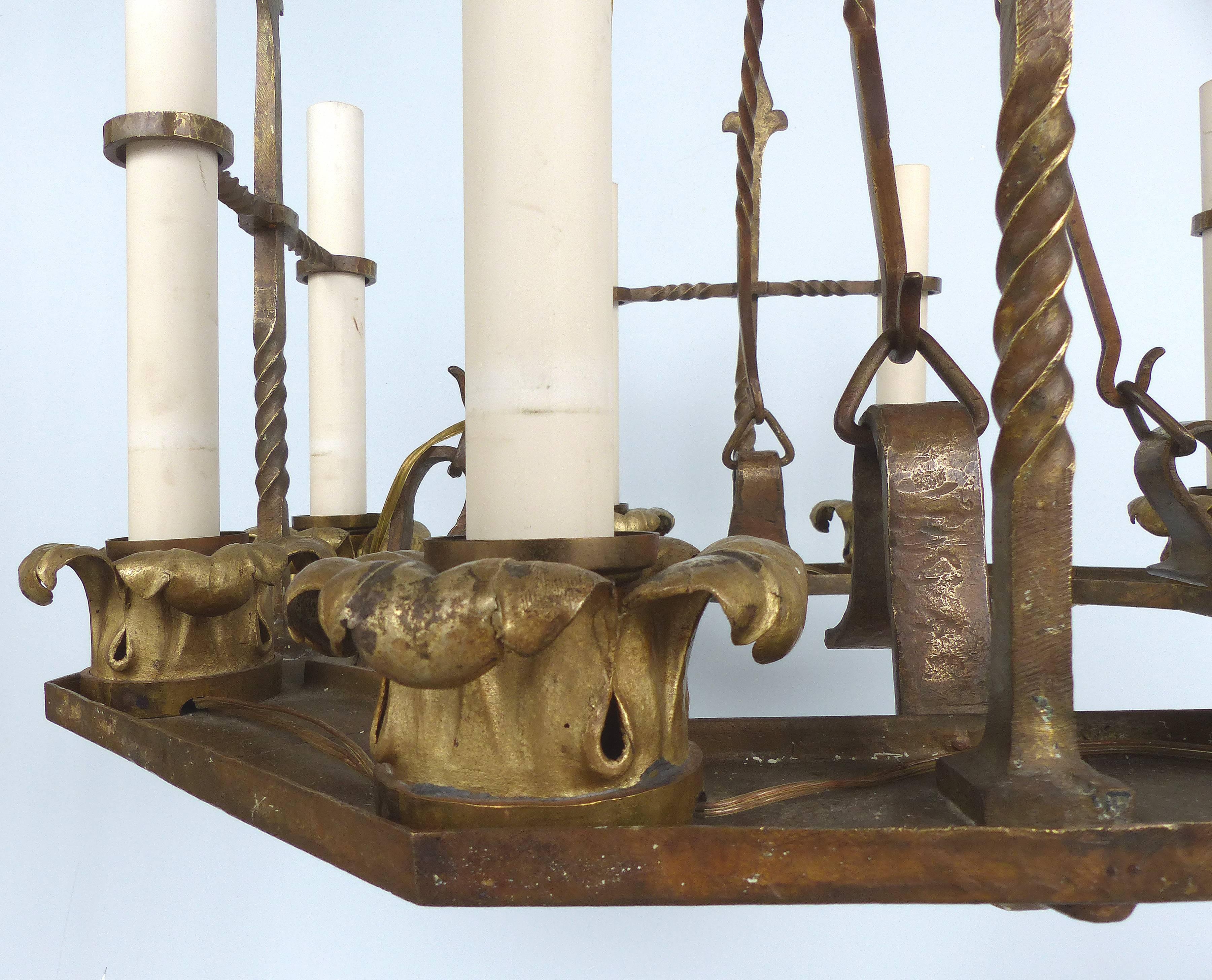 Cast Antique Twelve-Light Forged Iron and Brass Chandelier