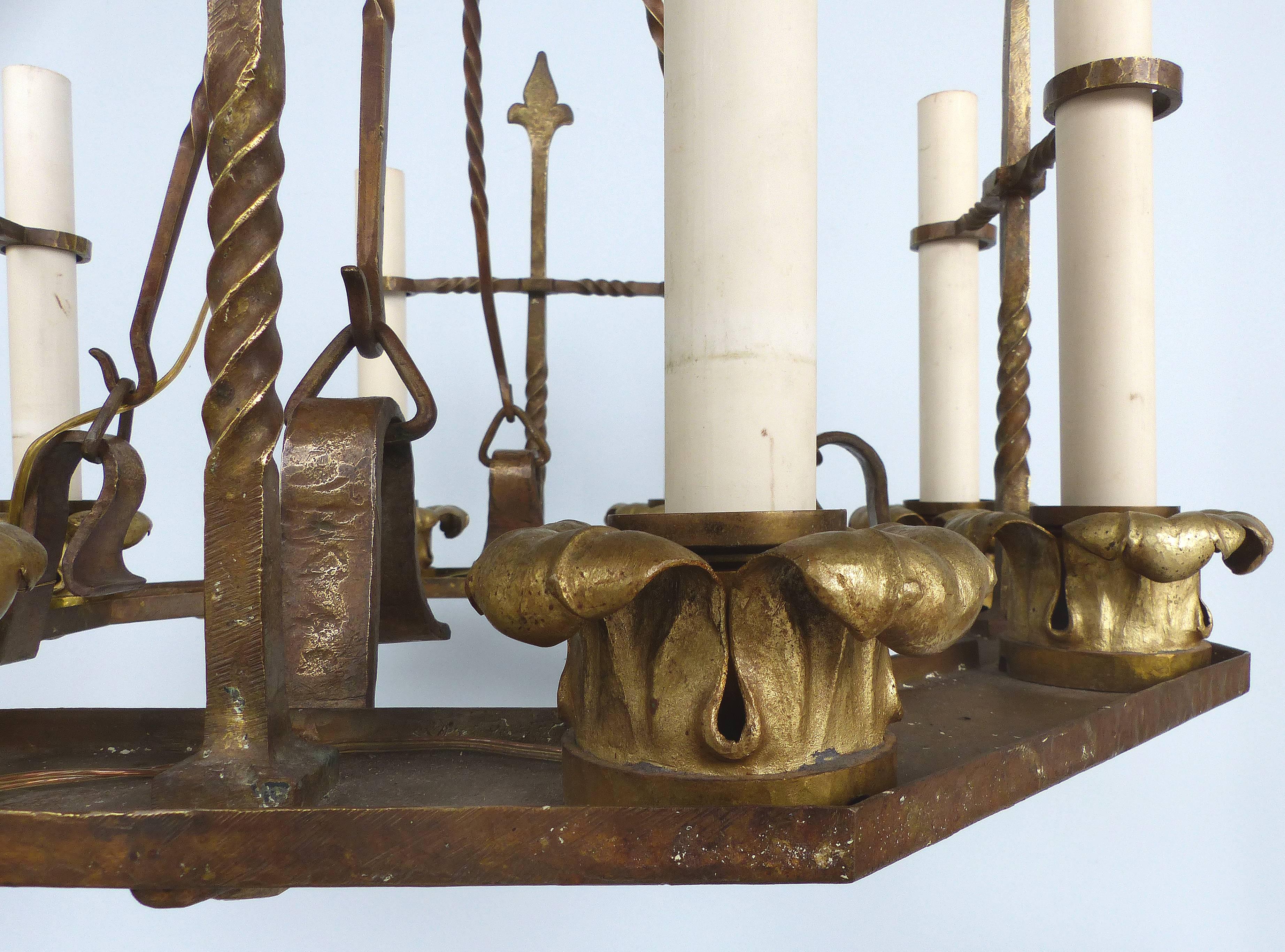 Antique Twelve-Light Forged Iron and Brass Chandelier In Excellent Condition In Miami, FL