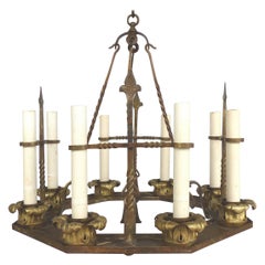 Antique Twelve-Light Forged Iron and Brass Chandelier