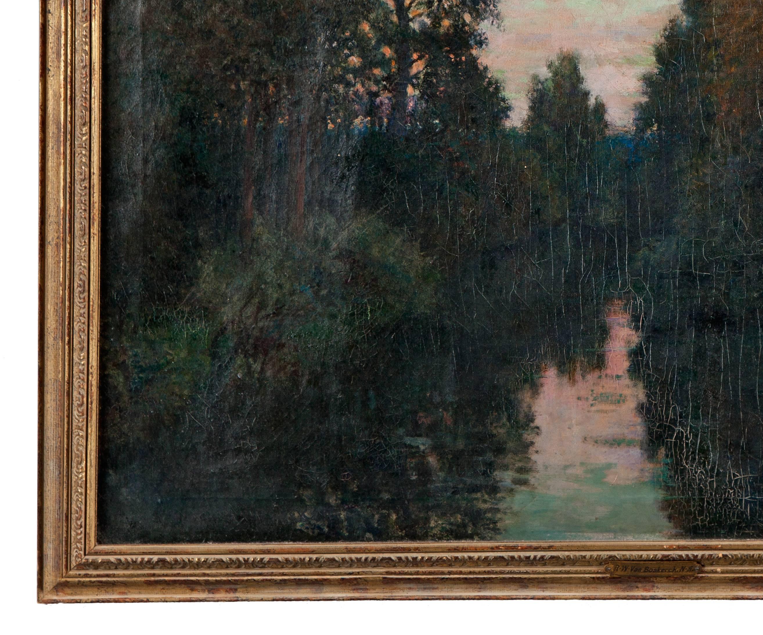 An oil on canvas painting of the 'Twilight on the River' by artist Robert Ward Van Boskerck (1855-1932). An American Impressionist who studied at the National Academy of Design. The sight size measures 31.5 inches high by 39.5 inches wide and the