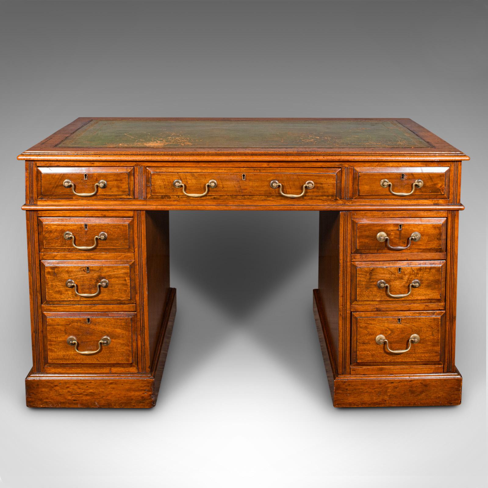 This is an antique twin pedestal desk. An English, mahogany and leather office writing table, dating to the Victorian period, circa 1880.

Classic pedestal desk, pleasingly appointed for home office use
Displaying a desirable aged patina and in good