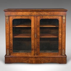 Antique Twin Pier Cabinet, English, Walnut, Boxwood, Glazed Bookcase, Regency