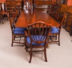 Antique Twin Pillar Mahogany Dining Table & 10 Hepplewhite Chairs 20th Century