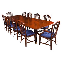 Antique Twin Pillar Mahogany Dining Table & 10 Hepplewhite Chairs 20th Century