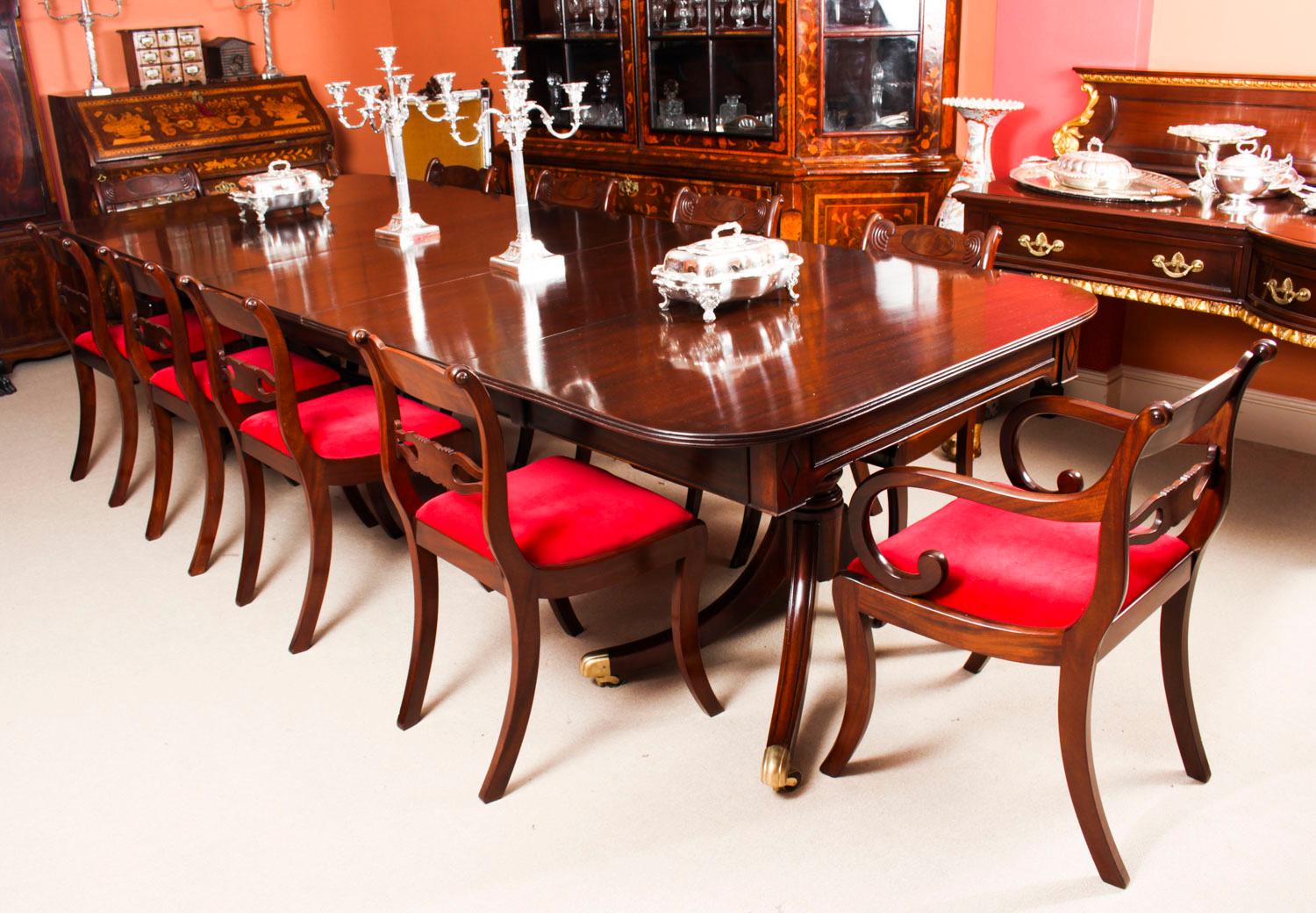 English Antique Twin Pillar Regency Dining Table and 10 Regency Chairs, 19th Century