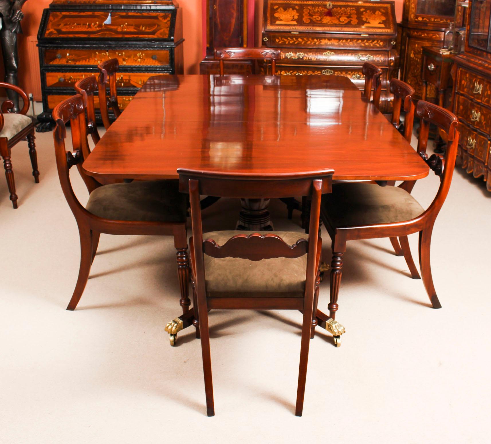 This is an elegant dining set comprising an antique Regency dining table, dating from circa 1820 and a set of bespoke dining chairs in the Regency manner.

The table has one leaf that can be added or removed as required to suit the occasion and