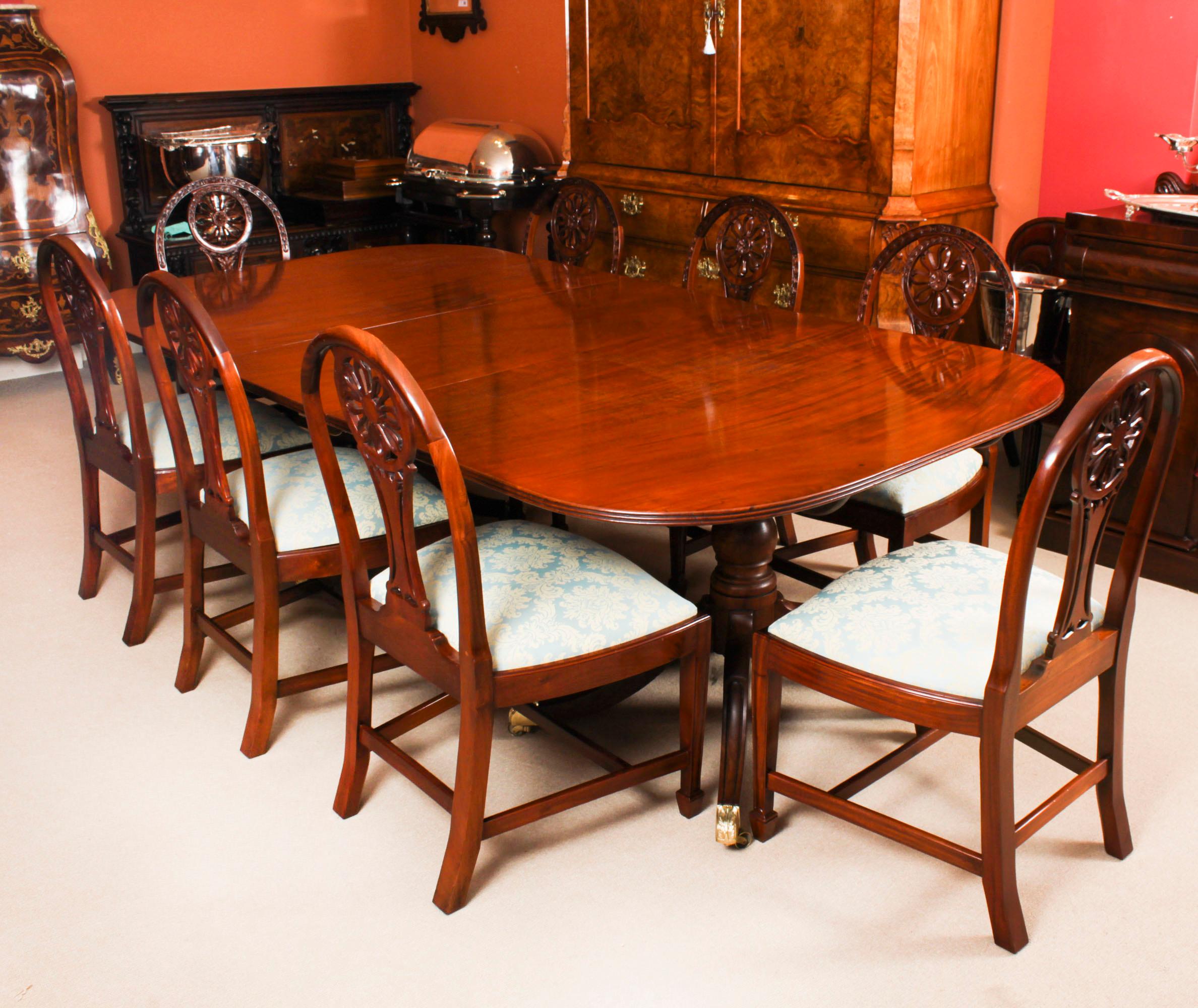 Antique Twin Pillar Regency Dining Table 19th C & 8 chairs 14