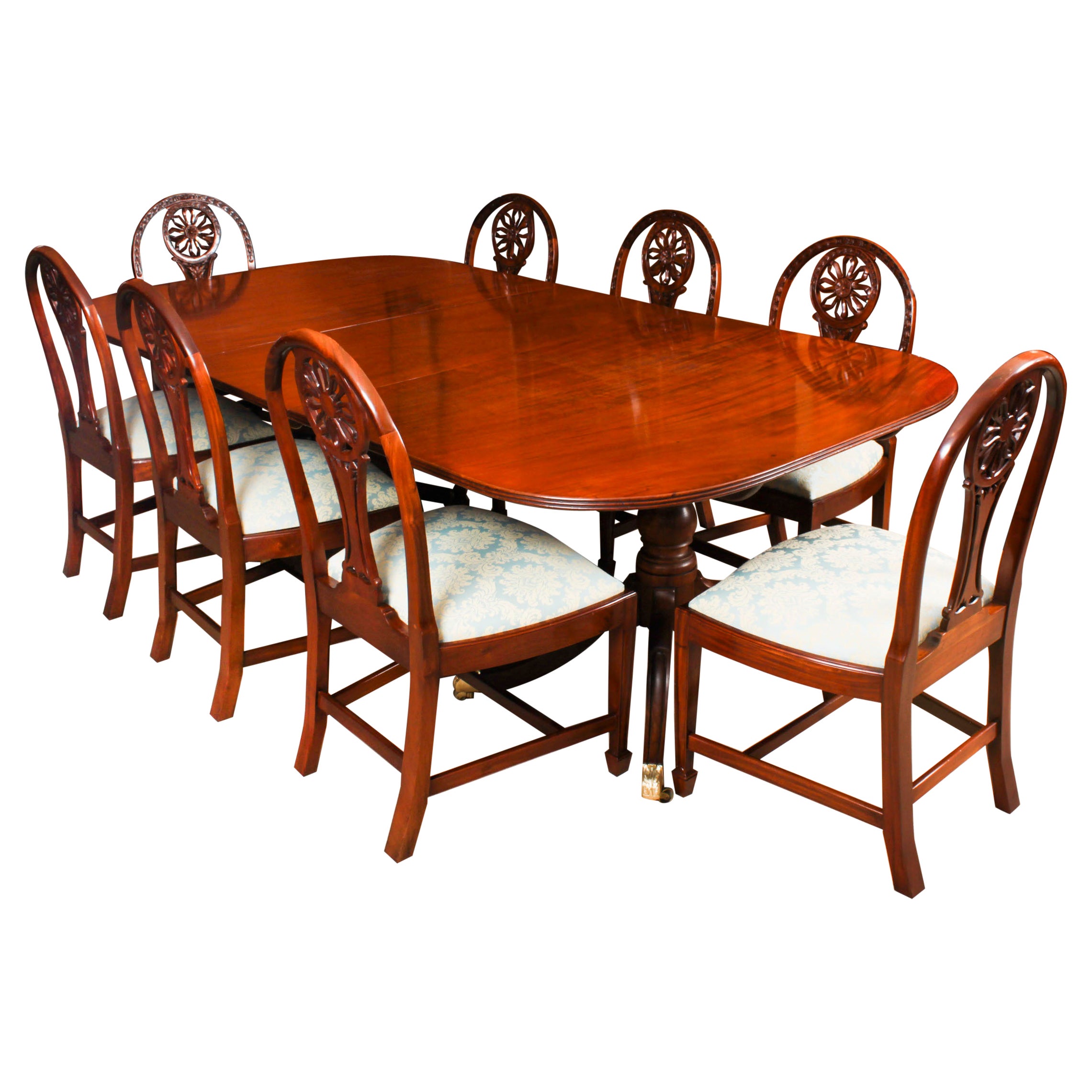 Antique Twin Pillar Regency Dining Table 19th C & 8 chairs